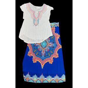 Beach Inc. Linen Top‎ Bling abstract Design Flowy Skirt Size Large